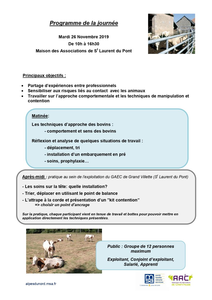 Programme de la journée sur l’approche, la manipulation et la contention des bovins.