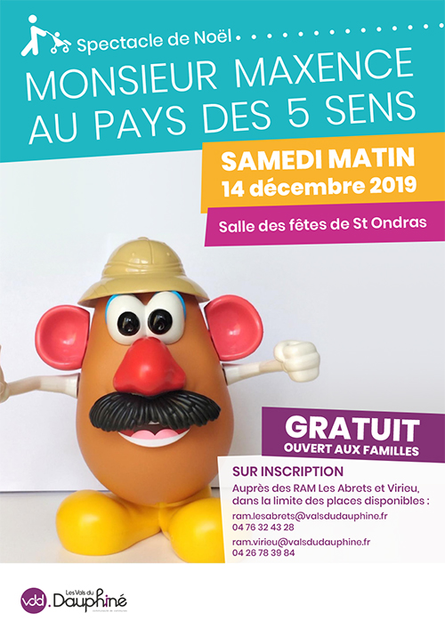 Affiche de spectacle de Noël du RAM "Maxence au pays des 5 sens" - samedi 14 décembre - salle des fêtes de Saint Ondras